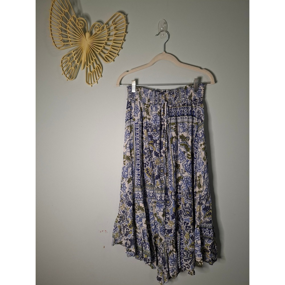 Angie Boho Floral Midi Skirt Blue Green Smocked Waist Rayon Size Medium
